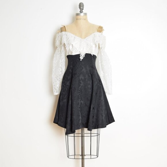 vintage 80s party dress black brocade white crochet lace off shoulder prom XS S - Picture 1 of 9